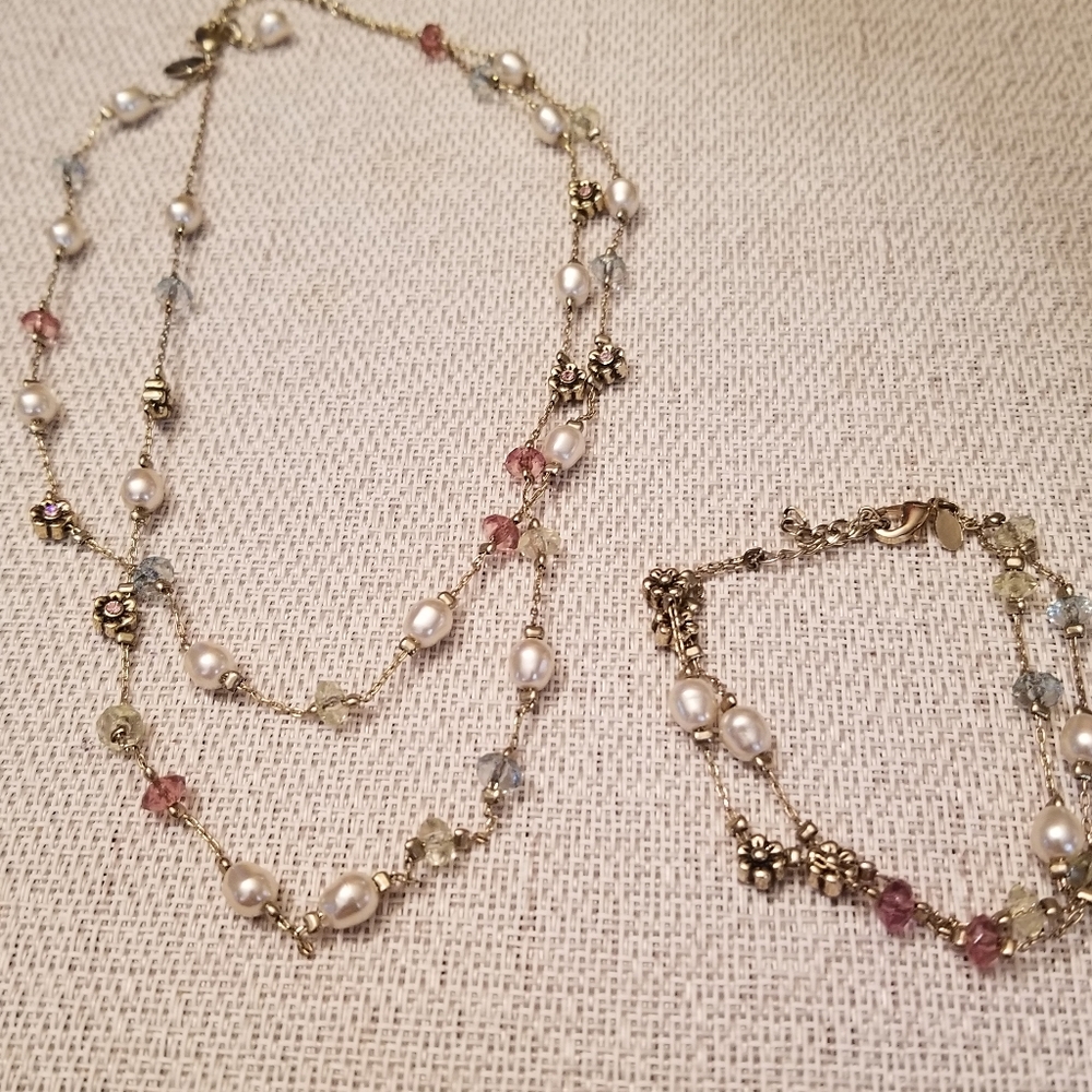 Gold, flower, pearl, rainbow necklace and bracelet